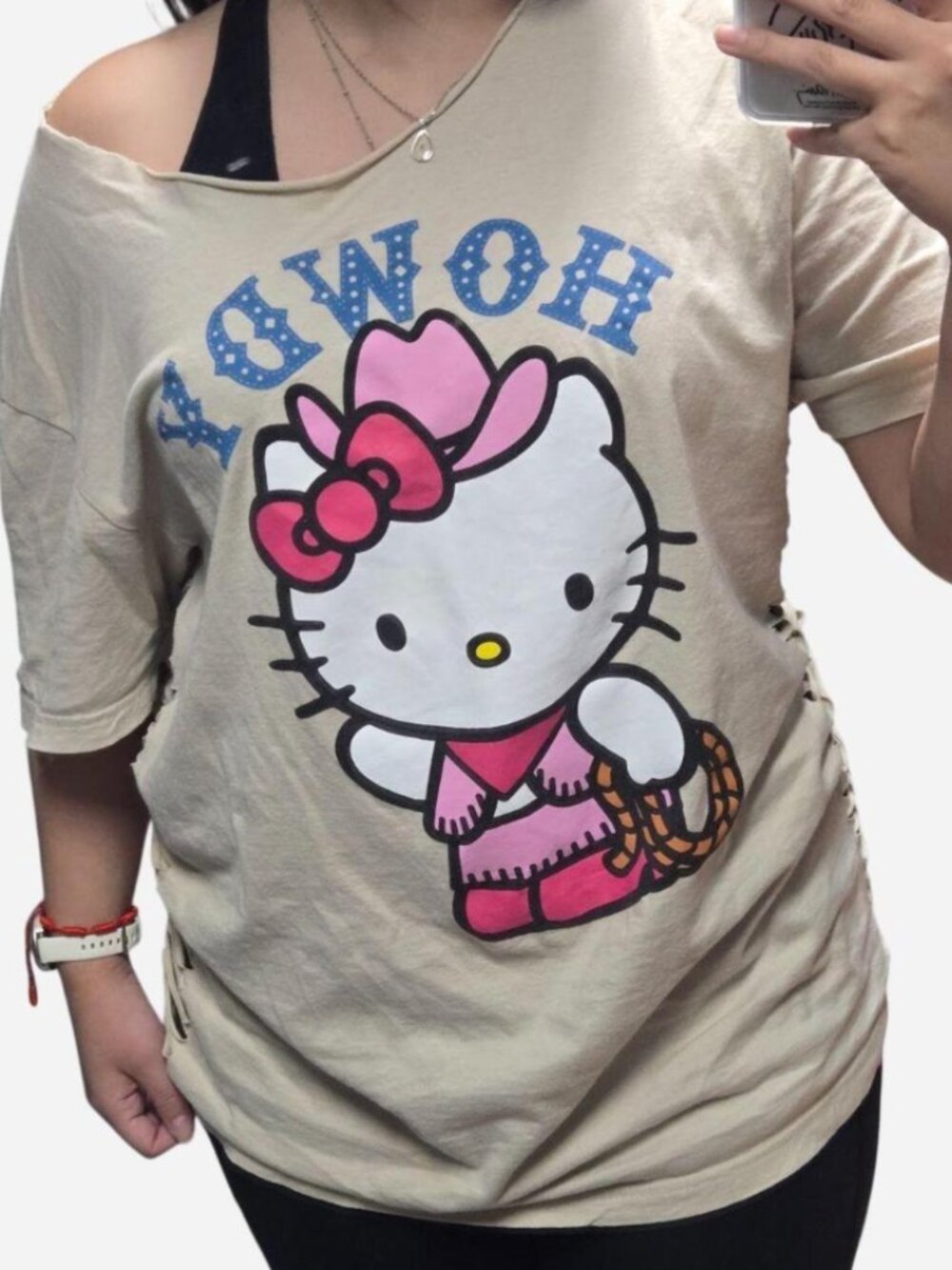 Reworked Sanrio Hello Kitty Cowgirl Off-Shoulder Cutout Tee L